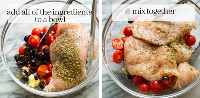 Baked Italian Chicken with Cherry Tomatoes collage - chicken breast prep