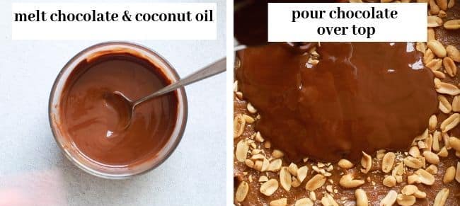melted chocolate poured over the peanut caramel layer