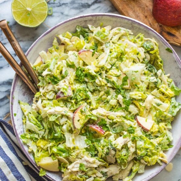 paleo chicken salad in a purple bowl