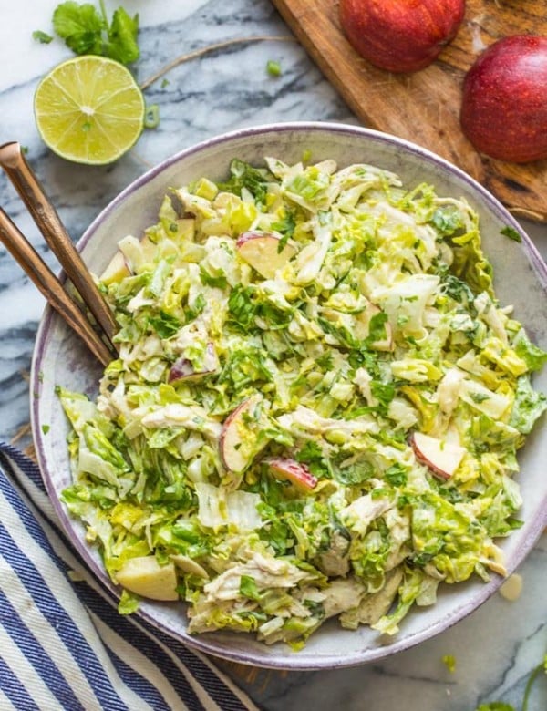 paleo chicken salad in a purple bowl