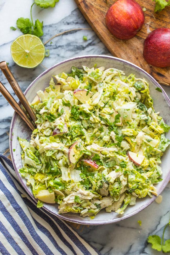 paleo chicken salad in a purple bowl