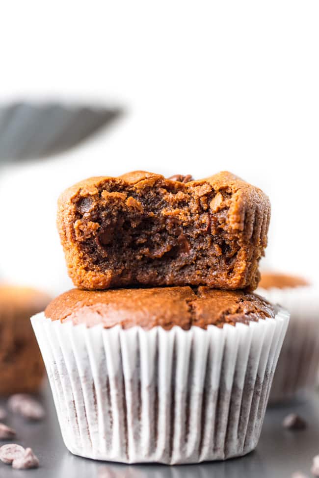 one vegan chocolate muffins stacked on another