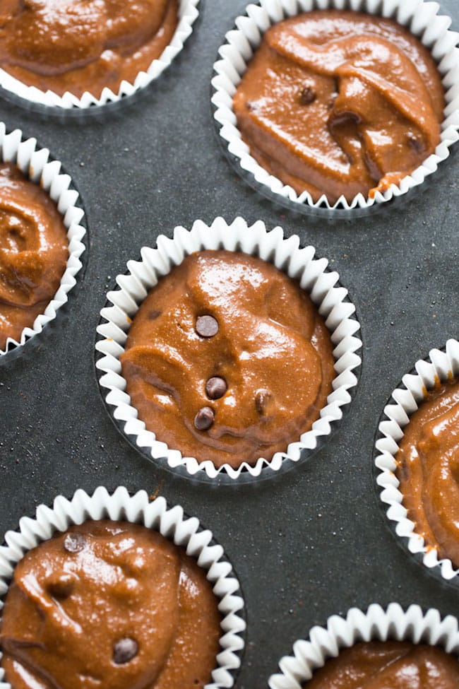 Paleo Vegan Chocolate Muffins batter in the muffin cups before baking
