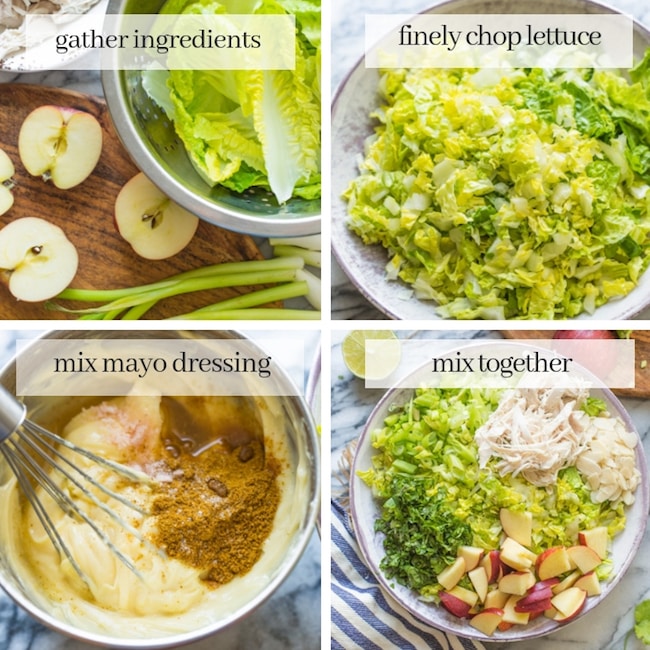 a collage of ingredients and steps for a paleo chicken salad