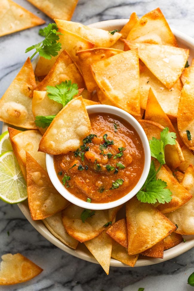 Roasted Chipotle Salsa surrounded by tortilla chips