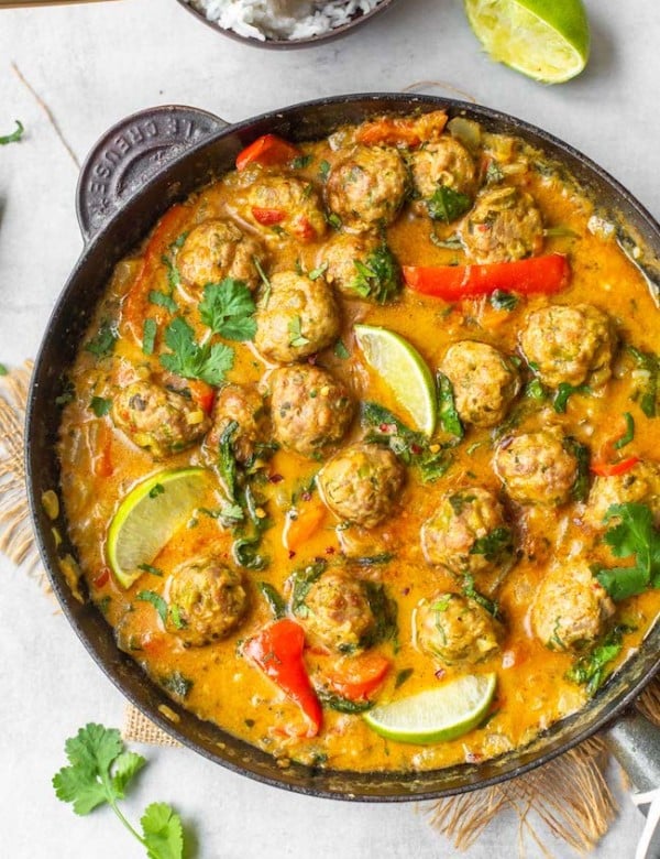 Chicken-Meatball-Coconut-Curry in a skillet