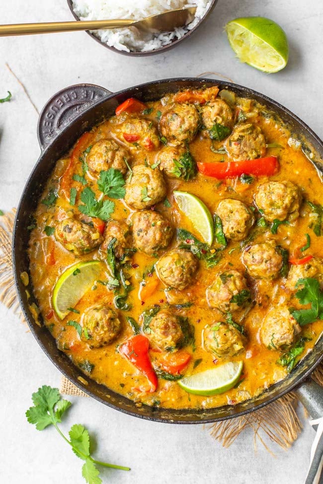 Chicken-Meatball-Coconut-Curry in a skillet