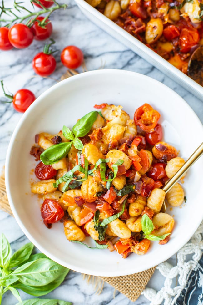 baked gnocchi in serving bowl
