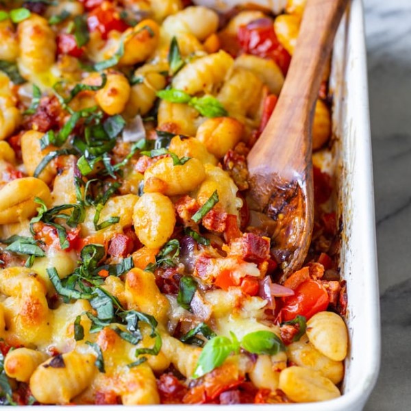 baked gnocchi in casserole dish