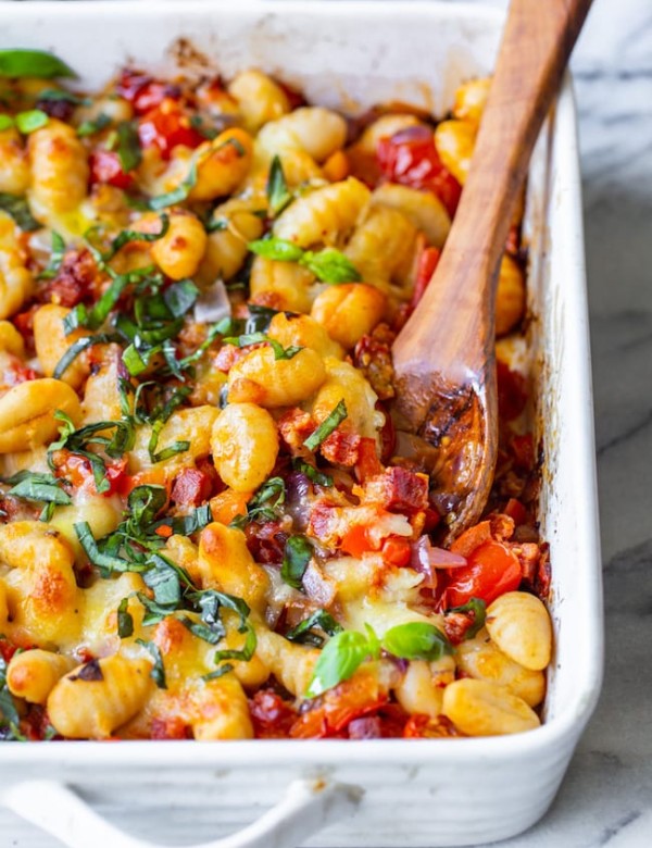 baked gnocchi in casserole dish