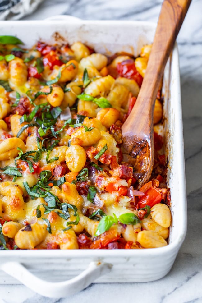 baked gnocchi in casserole dish