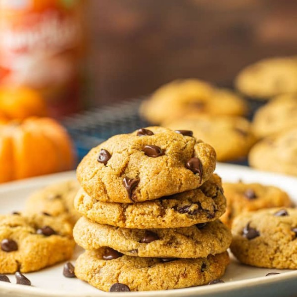 Chocolate Chip Pumpkin Cookies with Almond Flour stacked on a plate