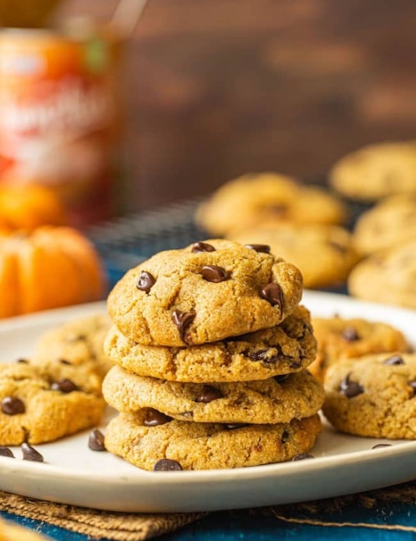 Chocolate Chip Pumpkin Cookies with Almond Flour stacked on a plate