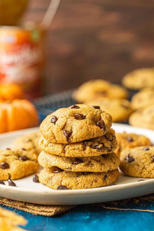Chocolate Chip Pumpkin Cookies with Almond Flour stacked on a plate
