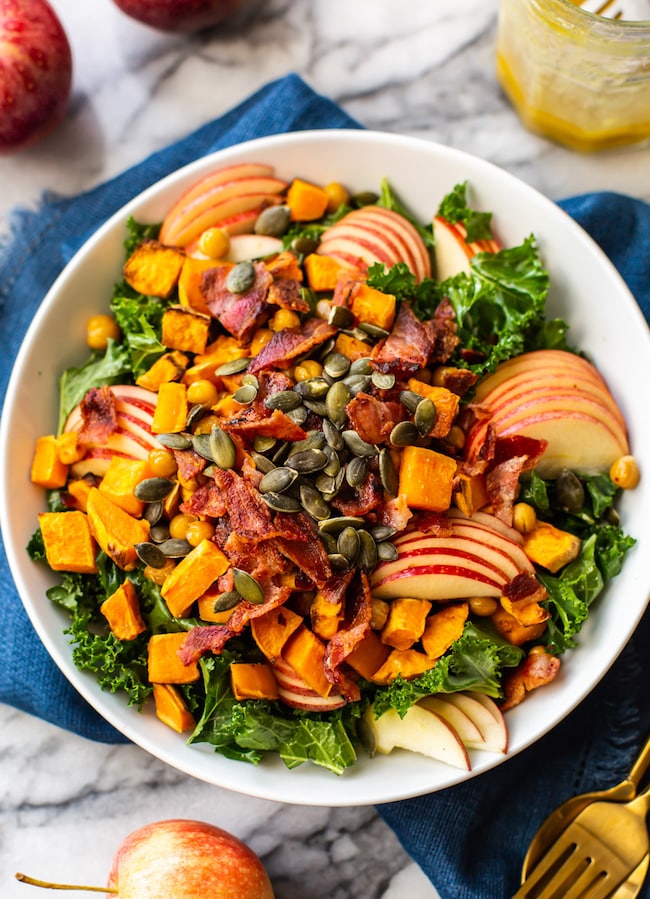 Roasted Sweet Potato & Chickpea Kale Apple Salad with Bacon in a bowl