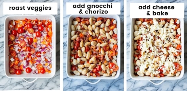 Chorizo & Red Pepper Baked Gnocchi collage of steps