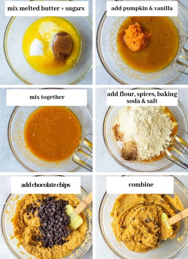 collage showing the steps to make Chocolate Chip Pumpkin Cookie dough with almond flour