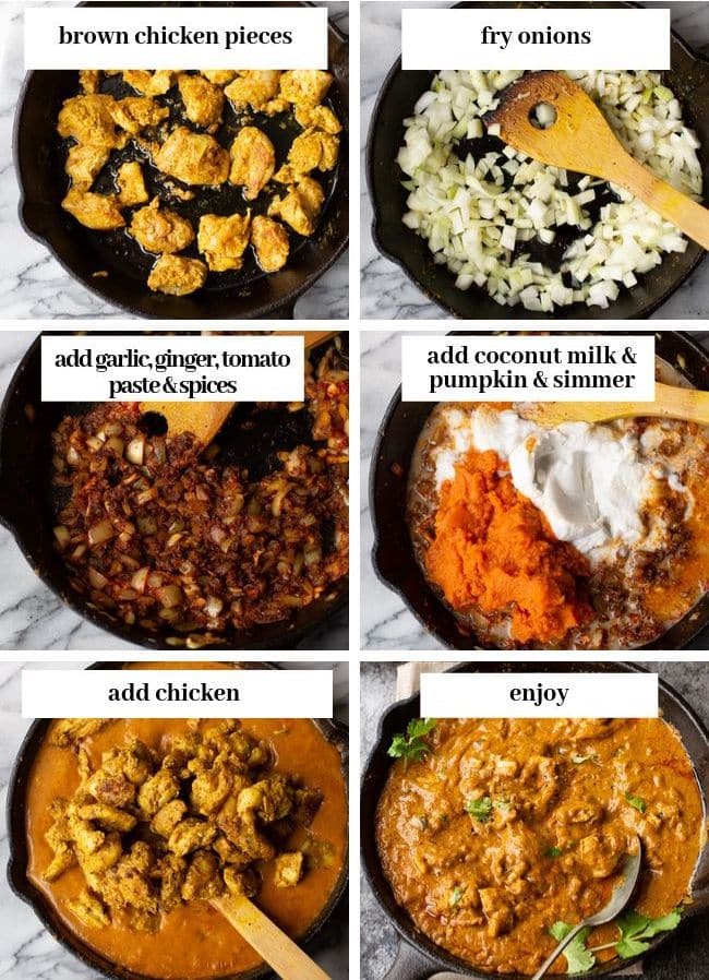 collage of steps for making pumpkin butter chicken