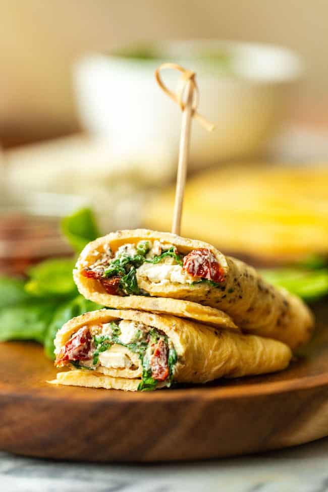 Low Carb Spinach Feta Egg Wraps cut in half