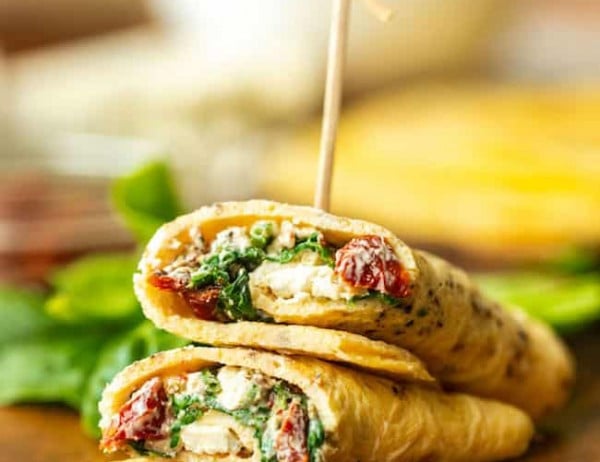 Low Carb Spinach Feta Egg Wraps on a plate