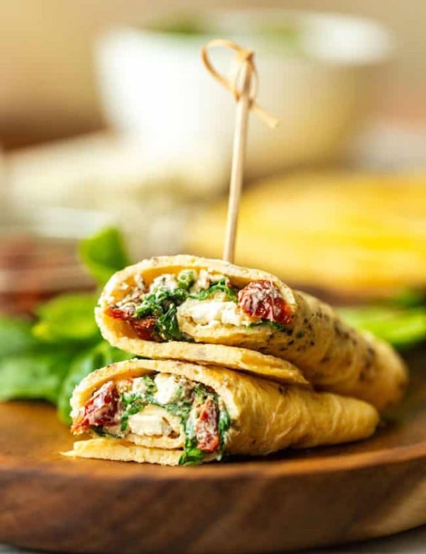 Low Carb Spinach Feta Egg Wraps on a plate