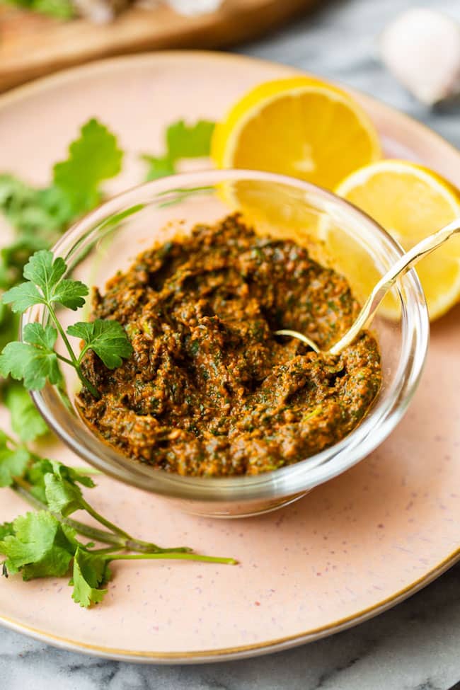 Chermoula-Paste in a small glass bowl