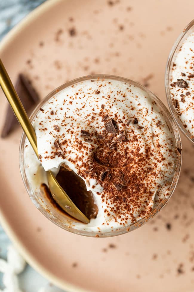 Espresso Martini Vegan Chocolate Mousse topped with cocoa powder and chocolage