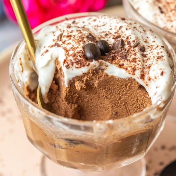 aquafaba Espresso Martini Chocolate Mousse in a serving glass