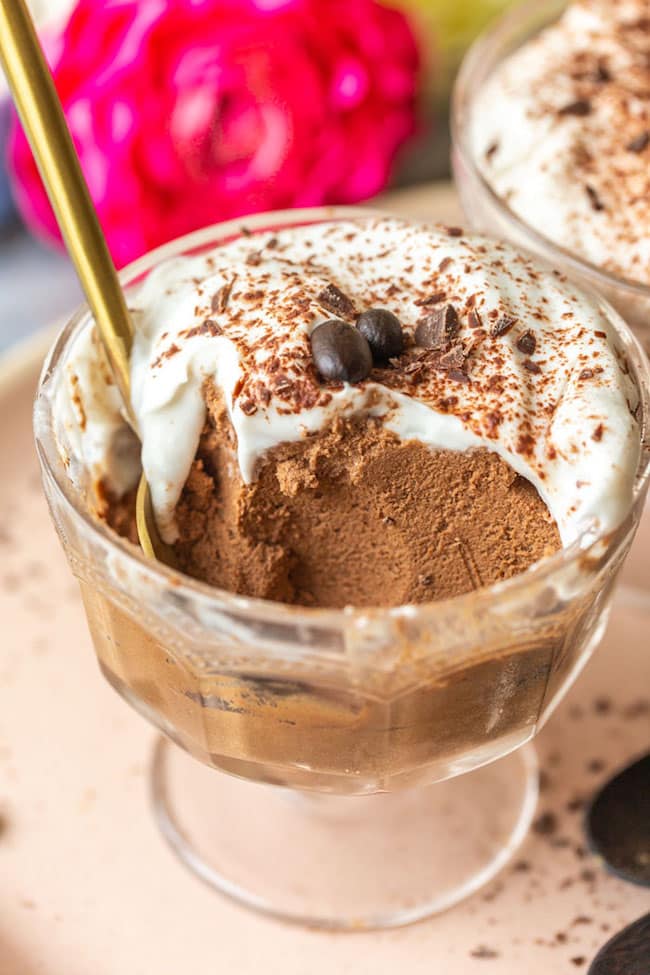 aquafaba Espresso Martini Chocolate Mousse in a serving glass