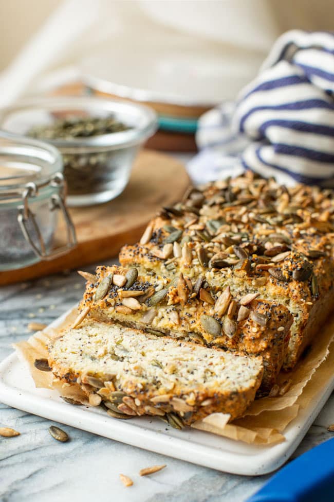 Everything Bagel Almond Flour Bread sliced on a cutting board