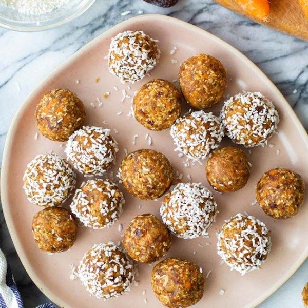 Carrot-Cake-Bliss-Balls on a pink plate