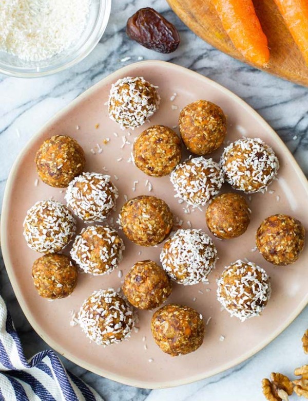 Carrot-Cake-Bliss-Balls on a pink plate