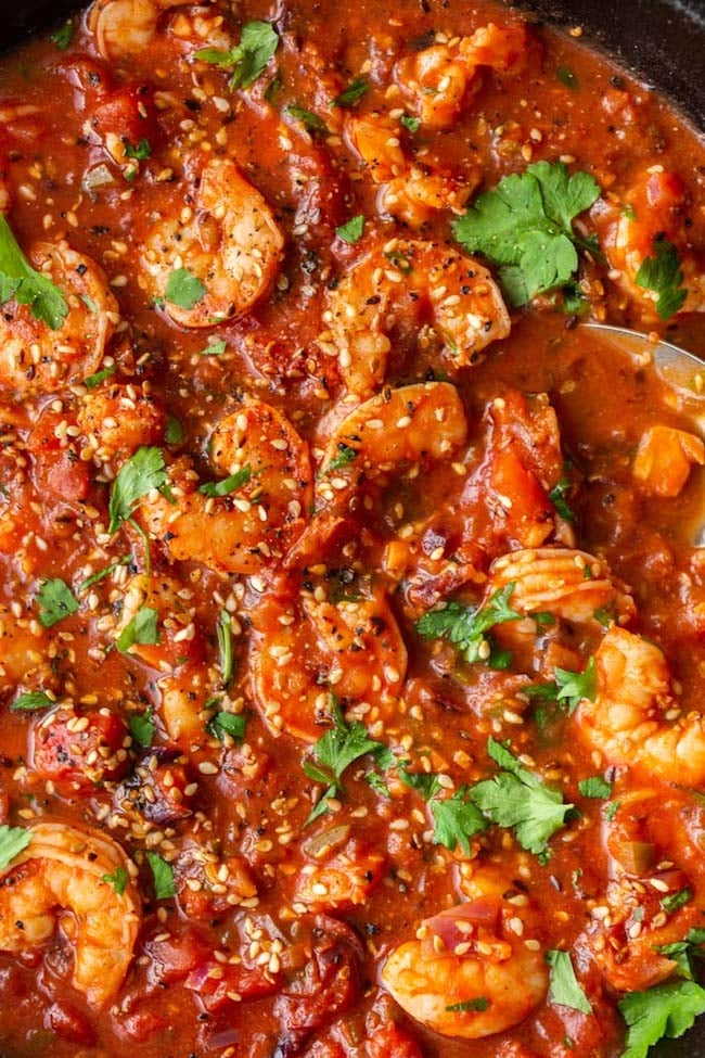 Mediterranean Shrimp Stew up close topped with parsley