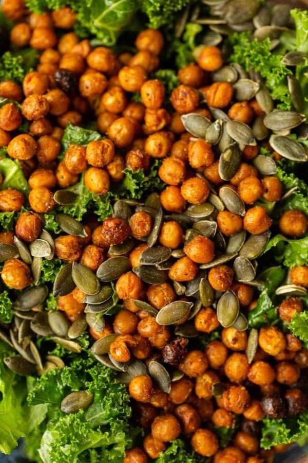 Roasted Chickpea Kale Salad with a Creamy Tahini Dressing - A Saucy Kitchen