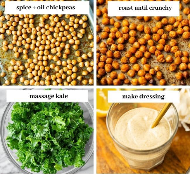 chickpeas before and after roasting, kale in a bowl and tahini dressing in a cup