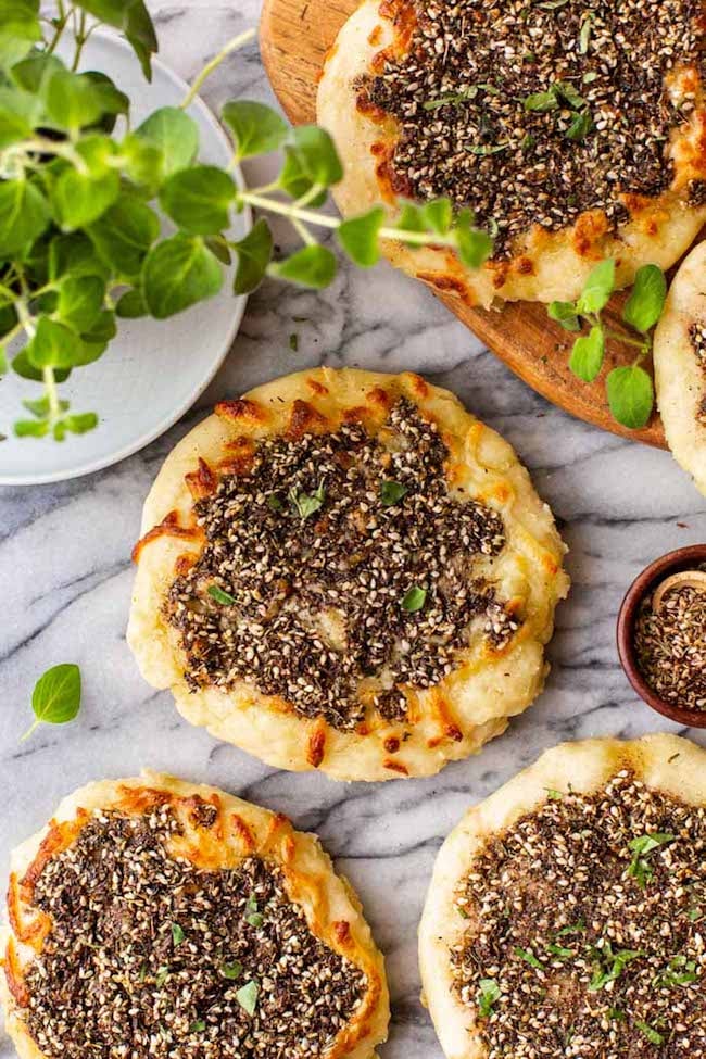 zaatar manakish on a marble surface