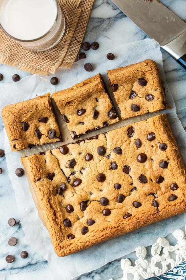 Almond Flour Cookie Bars cut on a piece of baking paper
