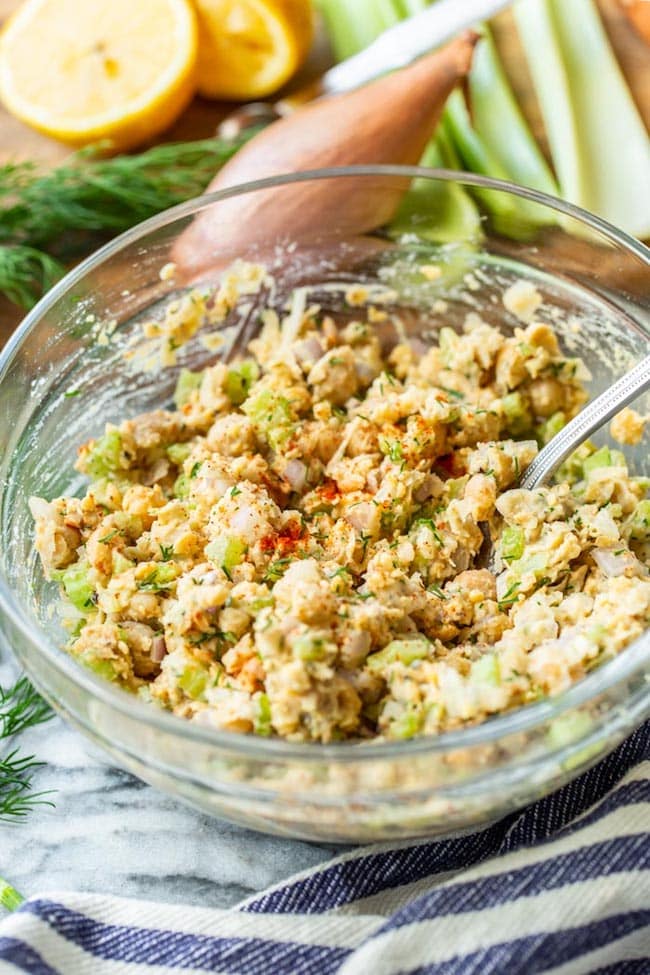 Smashed Chickpea Salad in a mixing bowl