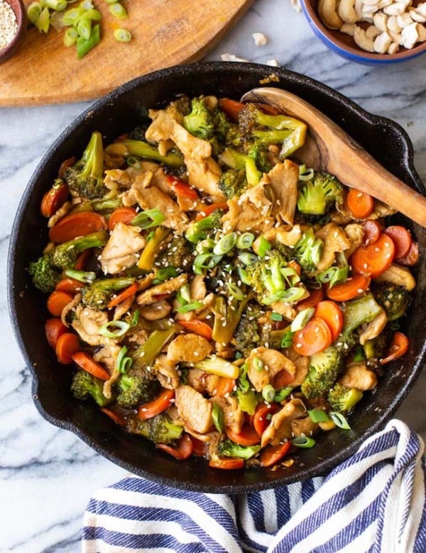 Teriyaki Chicken Broccoli Stir Fry in a cast iron pan