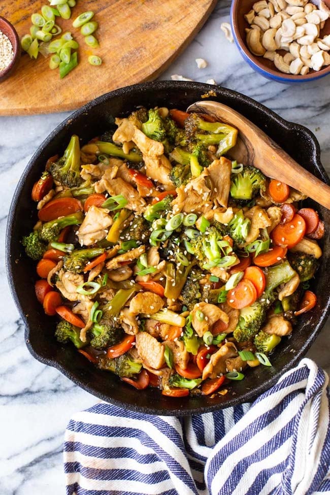 Teriyaki Chicken Broccoli Stir Fry in a cast iron pan