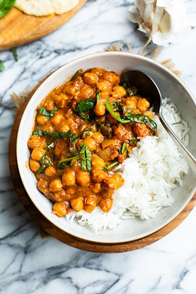 bowl of Tomato Basil Coconut Chickpea Curry