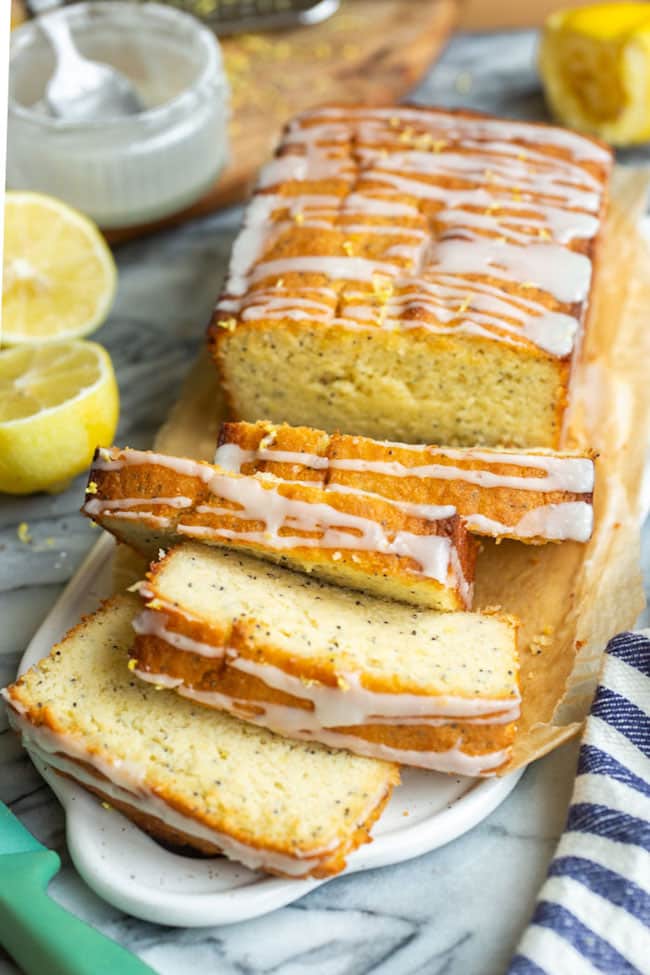 almond lemon loaf sliced on a platter