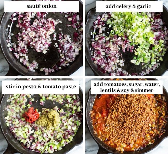 a collage of 4 pictures of a cast iron skillet showing the stages in making a lentil bolognese