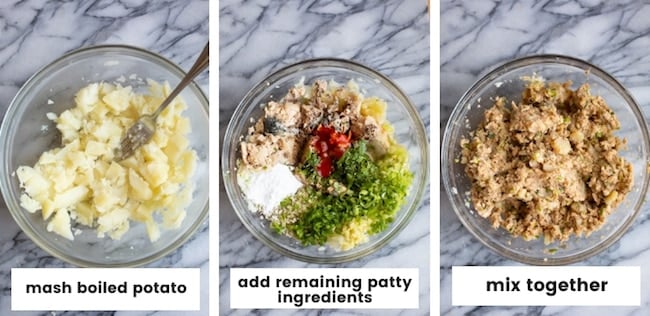 collage of steps to make gluten free salmon cakes