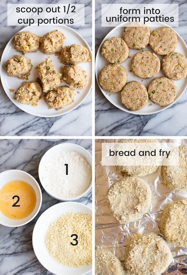 collage showing how to form and bread salmon cakes before frying