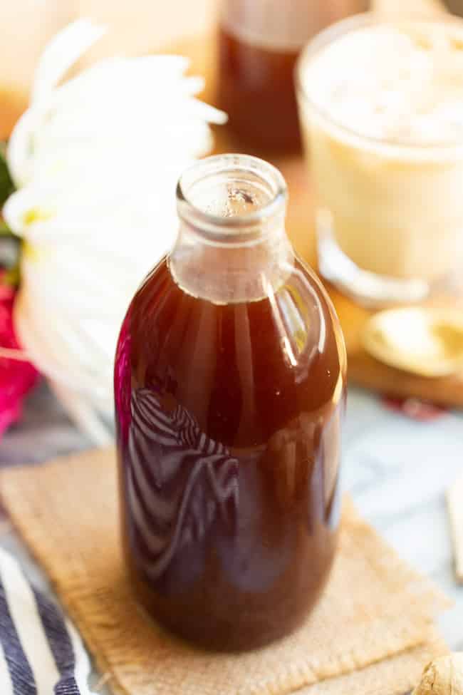 chai tea concentrate in a glass bottle