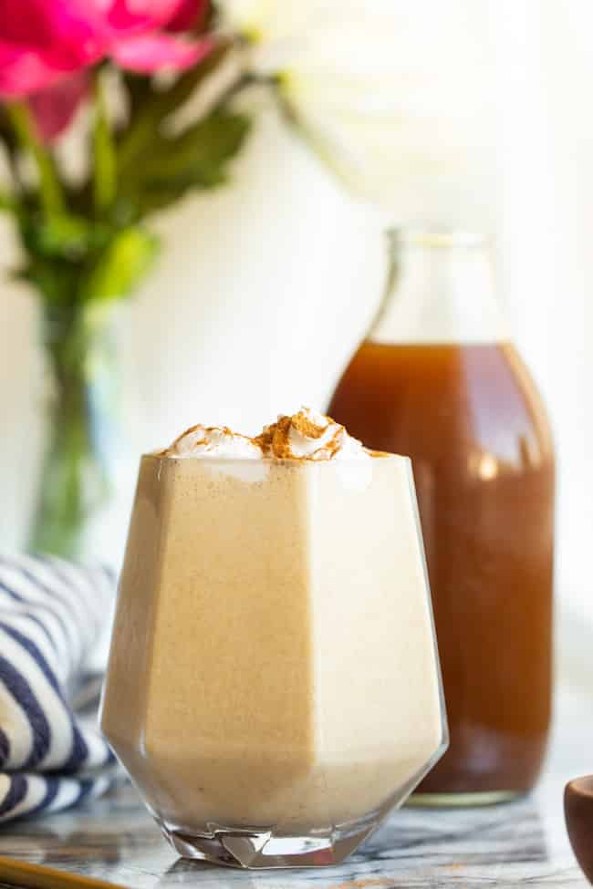 Healthy Chai Frappuccino on a marble counter