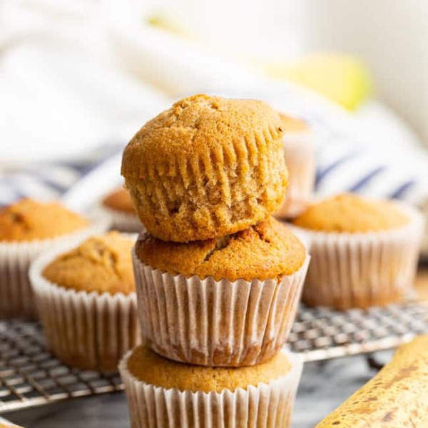 three gluten free banana muffins stacked