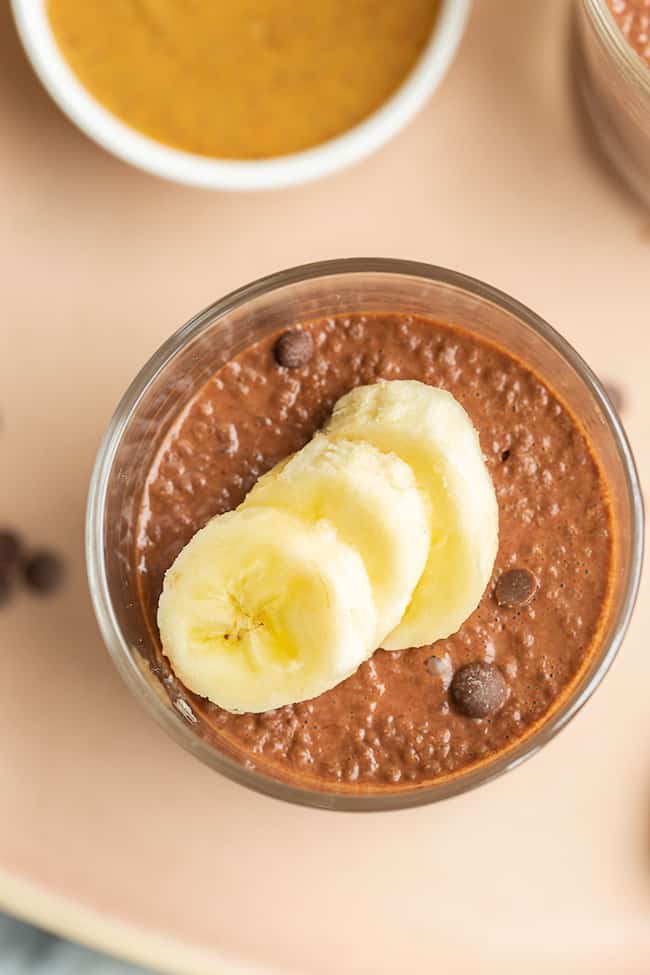 Chocolate Peanut Butter Chia Pudding with sliced banana on top