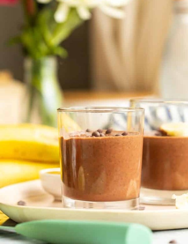 two Chocolate Peanut Butter Chia Pudding on a plate